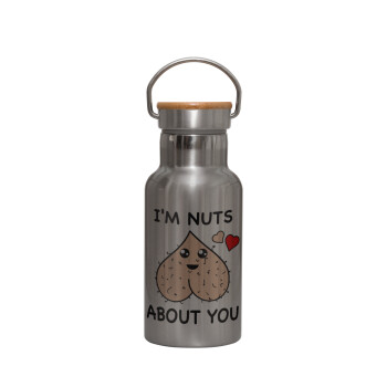 I'm Nuts About You, Μεταλλικό παγούρι θερμός (Stainless steel) Ασημένιο με ξύλινο καπακι (bamboo), διπλού τοιχώματος, 350ml
