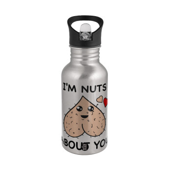 I'm Nuts About You, Water bottle Silver with straw, stainless steel 500ml