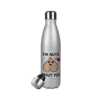 I'm Nuts About You, Μεταλλικό παγούρι θερμός Glitter Aσημένιο (Stainless steel), διπλού τοιχώματος, 500ml