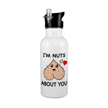 I'm Nuts About You, White water bottle with straw, stainless steel 600ml