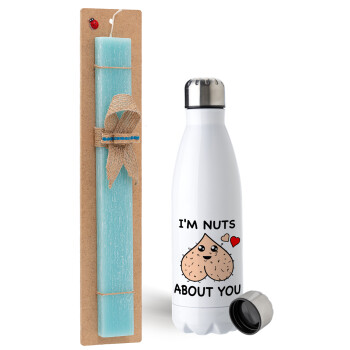 I'm Nuts About You, Easter Set, metallic stainless steel water bottle (750ml) & aromatic flat Easter candle (30cm) (TURQUOISE)