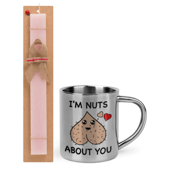 I'm Nuts About You, Easter Set, metallic thermal cup (300ml) & aromatic flat Easter candle (30cm) (PINK)