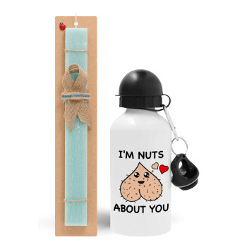 I'm Nuts About You, Easter Set, metallic aluminum water bottle (500ml) & scented flat candle (30cm) (TURQUOISE)