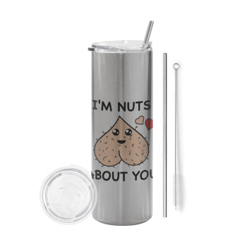 I'm Nuts About You, Eco friendly ποτήρι θερμό Ασημένιο (tumbler) από ανοξείδωτο ατσάλι 600ml, με μεταλλικό καλαμάκι & βούρτσα καθαρισμού