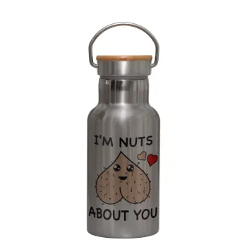 I'm Nuts About You, Μεταλλικό παγούρι θερμός (Stainless steel) Ασημένιο με ξύλινο καπακι (bamboo), διπλού τοιχώματος, 350ml
