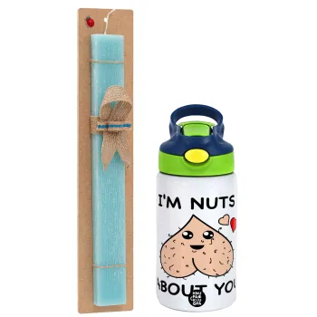 I'm Nuts About You, Easter Set, Children's thermal stainless steel bottle with safety straw, green/blue (350ml) & aromatic flat Easter candle (30cm) (TURQUOISE)