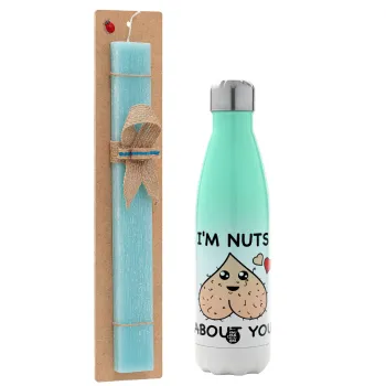 I'm Nuts About You, Easter Set, Metallic green/white thermos (Stainless steel), double-walled, 500ml & scented flat Easter candle (30cm) (TURQUOISE)