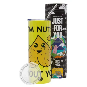 I'm Nuts About You, Neon Yellow Travel Tumbler θερμό, μεταλλικό καλαμάκι(Ανωξείδωτο 304 Food grade, BPA free, 600ml)