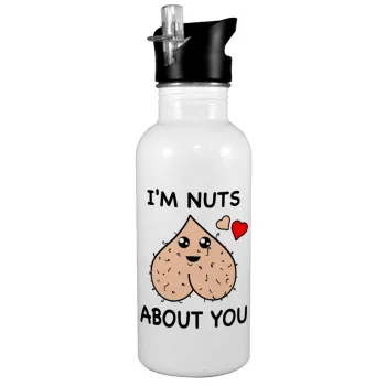 I'm Nuts About You, White water bottle with straw, stainless steel 600ml