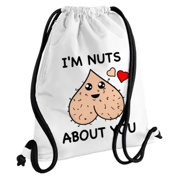 I'm Nuts About You, Backpack pouch GYMBAG white, with pocket (40x48cm) & thick cords