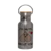 Stainless steel metallic thermos flask, silver with a bamboo lid, double-walled, 350ml.