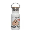 Metallic thermos (Stainless steel) White with wooden lid (bamboo), double-walled, 350ml