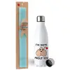 Easter Set, metallic stainless steel water bottle (750ml) & aromatic flat Easter candle (30cm) (TURQUOISE)