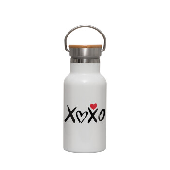 xoxo, Μεταλλικό παγούρι θερμός (Stainless steel) Λευκό με ξύλινο καπακι (bamboo), διπλού τοιχώματος, 350ml