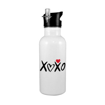 xoxo, White water bottle with straw, stainless steel 600ml