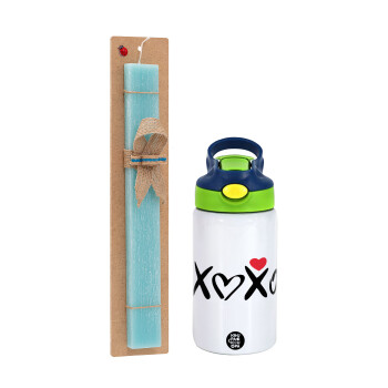 xoxo, Easter Set, Children's thermal stainless steel bottle with safety straw, green/blue (350ml) & aromatic flat Easter candle (30cm) (TURQUOISE)