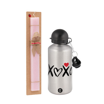 xoxo, Easter Set, metallic Silver aluminum water bottle (500ml) & scented flat Easter candle (30cm) (PINK)