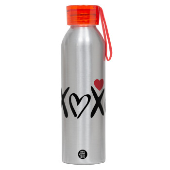 xoxo, Αλουμινένιο Αθλητικό Μπουκάλι 650ml – Ασημί με Κόκκινο Καπάκι και Λουράκι Σιλικόνης