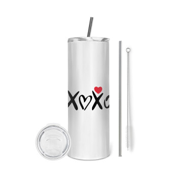 xoxo, Eco friendly ποτήρι θερμό (tumbler) από ανοξείδωτο ατσάλι 600ml, με μεταλλικό καλαμάκι & βούρτσα καθαρισμού