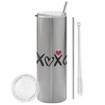 xoxo, Eco friendly ποτήρι θερμό Ασημένιο (tumbler) από ανοξείδωτο ατσάλι 600ml, με μεταλλικό καλαμάκι & βούρτσα καθαρισμού