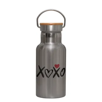 xoxo, Μεταλλικό παγούρι θερμός (Stainless steel) Ασημένιο με ξύλινο καπακι (bamboo), διπλού τοιχώματος, 350ml