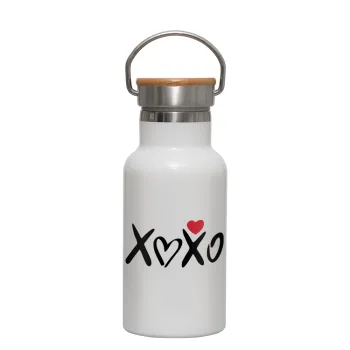 xoxo, Metallic thermos (Stainless steel) White with wooden lid (bamboo), double-walled, 350ml