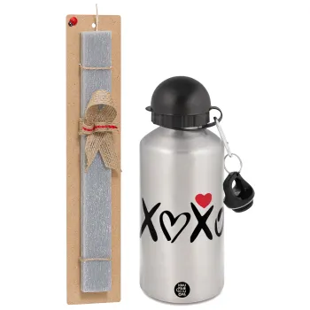 xoxo, Πασχαλινή Λαμπάδα με παγούρι μεταλλικό Ασημένιο αλουμινίου (500ml) & κερί αρωματικό πλακέ (30cm) (ΓΚΡΙ)