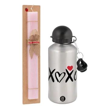 xoxo, Easter Set, metallic Silver aluminum water bottle (500ml) & scented flat Easter candle (30cm) (PINK)