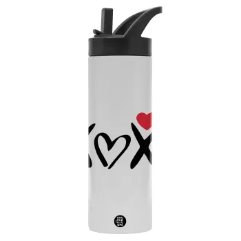xoxo, Μεταλλικό παγούρι θερμός με καλαμάκι & χειρολαβή, ανοξείδωτο ατσάλι (Stainless steel 304), διπλού τοιχώματος, 600ml