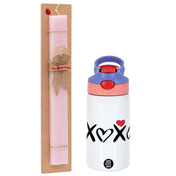 xoxo, Easter Set, Children's thermal stainless steel water bottle with safety straw, pink/purple (350ml) & Easter scented flat candle (30cm) (PINK)