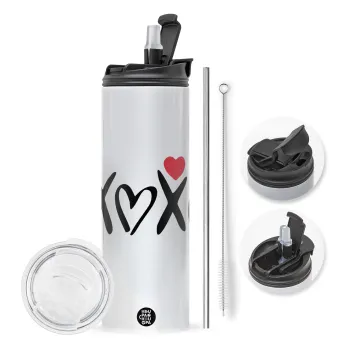 xoxo, Travel Tumbler 2 Lids, with metal straw & cleaning brush (Stainless steel 304 Food grade, BPA free, 600ml)