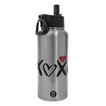 xoxo, Metal mug thermo Silver with Straw and Spout Lid (Stainless steel), double wall, 950ml
