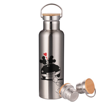 Love Car, Μεταλλικό παγούρι θερμός (Stainless steel) Ασημένιο με ξύλινο καπακι (bamboo), διπλού τοιχώματος, 750ml