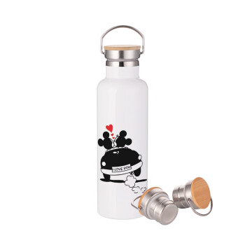 Love Car, Stainless steel White with wooden lid (bamboo), double wall, 750ml