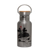 Stainless steel metallic thermos flask, silver with a bamboo lid, double-walled, 350ml.