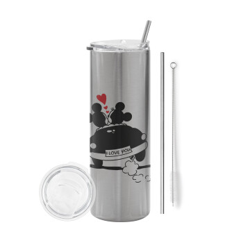 Love Car, Eco friendly stainless steel Silver tumbler 600ml, with metal straw & cleaning brush