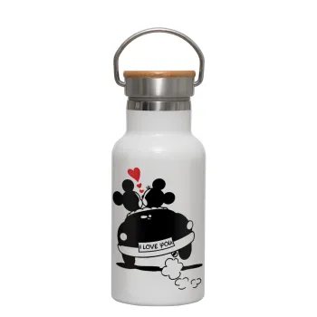 Love Car, Metallic thermos (Stainless steel) White with wooden lid (bamboo), double-walled, 350ml