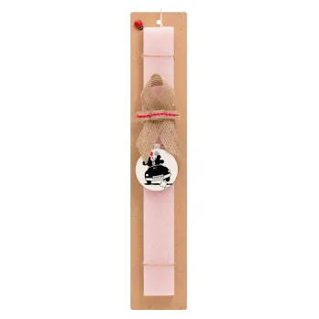 Love Car, Easter Set, wooden keychain & scented flat Easter candle (30cm) (PINK)
