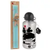 Easter Set, metallic silver aluminum water bottle (500ml) & scented flat Easter candle (30cm) (TURQUOISE)