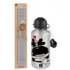 Easter Set, metallic silver aluminum water bottle (500ml) & aromatic flat Easter candle (30cm) (GRAY)