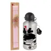 Easter Set, metallic Silver aluminum water bottle (500ml) & scented flat Easter candle (30cm) (PINK)
