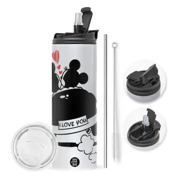 Love Car, Travel Tumbler θερμό με διπλό καπάκι, μεταλλικό καλαμάκι και βούρτσα καθαρισμού (Ανωξείδωτο 304 Food grade, BPA free, 600ml)