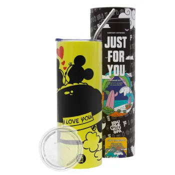 Love Car, Neon Yellow Travel Tumbler θερμό, μεταλλικό καλαμάκι(Ανωξείδωτο 304 Food grade, BPA free, 600ml)