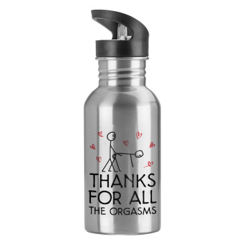 Thanks for all the orgasms, Water bottle Silver with straw, stainless steel 600ml