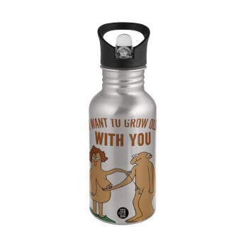 I want to grow old with you, Water bottle Silver with straw, stainless steel 500ml