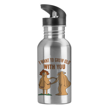 I want to grow old with you, Water bottle Silver with straw, stainless steel 600ml