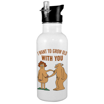 I want to grow old with you, White water bottle with straw, stainless steel 600ml