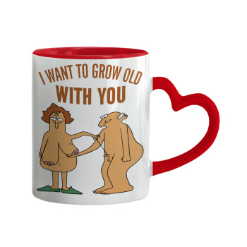 I want to grow old with you, Mug heart red handle, ceramic, 330ml