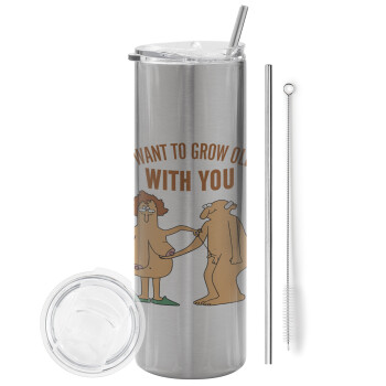 I want to grow old with you, Eco friendly stainless steel Silver tumbler 600ml, with metal straw & cleaning brush