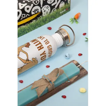 I want to grow old with you, Πασχαλινή Λαμπάδα με παγούρι μεταλλικό Ασημένιο αλουμινίου (500ml) & κερί αρωματικό πλακέ (30cm) (ΤΙΡΚΟΥΑΖ)